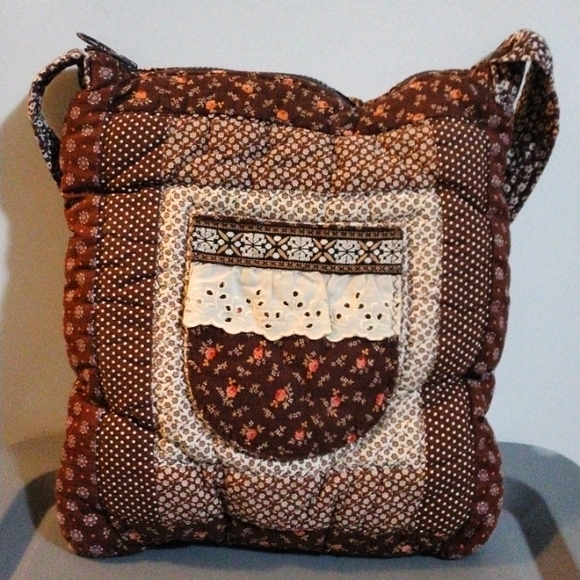 Handbags - Quilted Cottage Style Handbag / Book Tote, Patchwork Brown & Florals